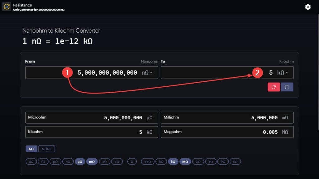 Nanoohms to kiloohms (nΩ to kΩ) converter example