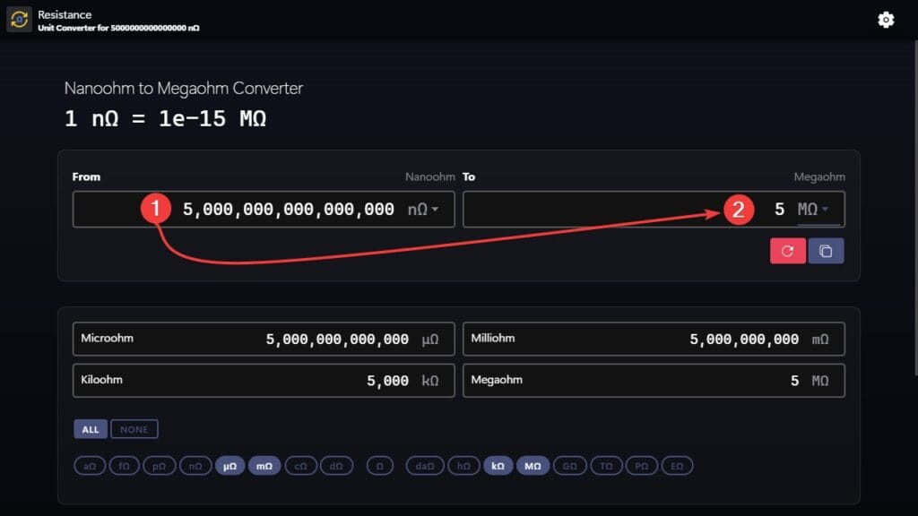 Nanoohms to megaohms converter example