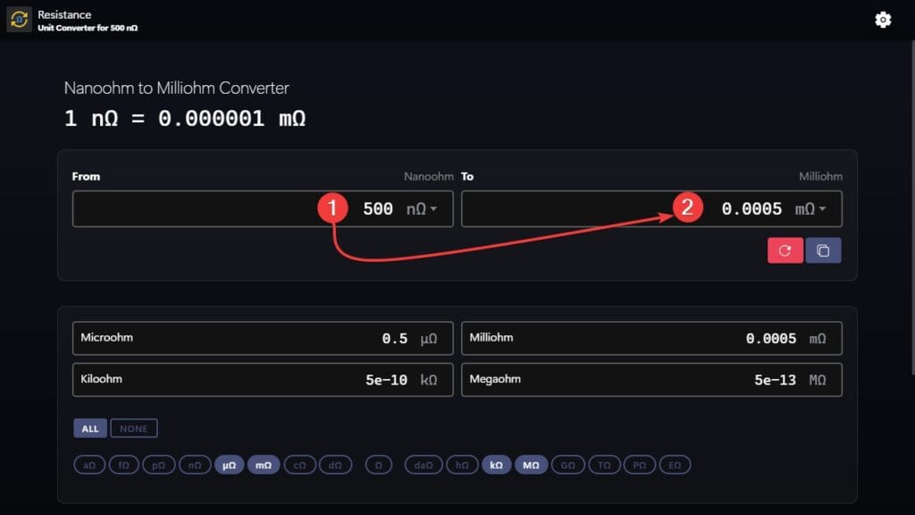 Nanoohms to Microohms converter example
