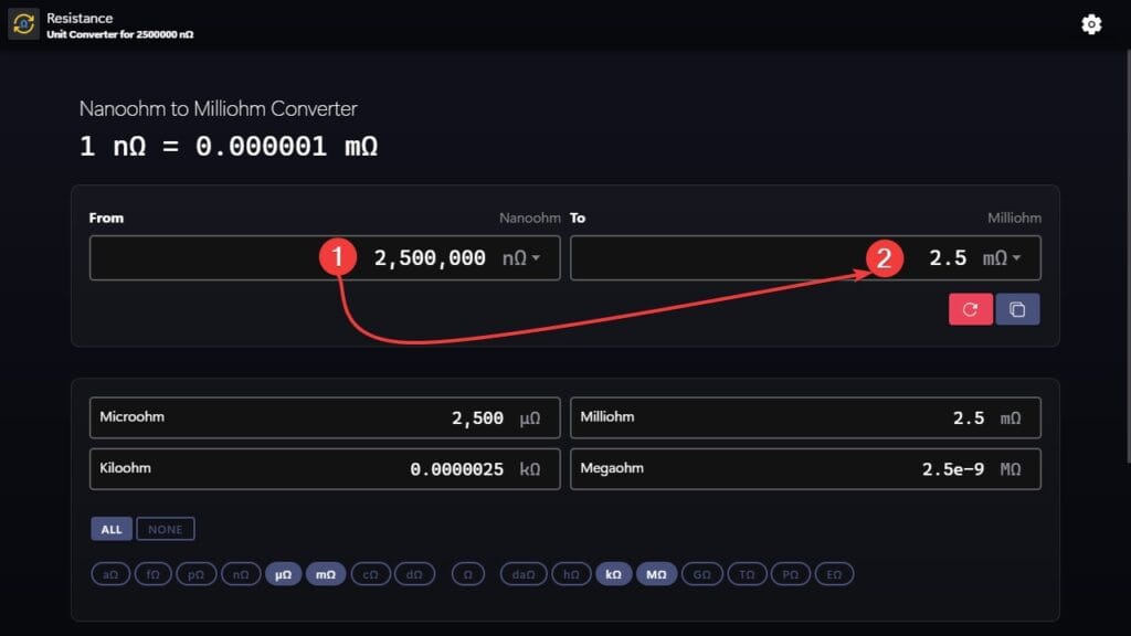 Nanoohms to milliohms converter example