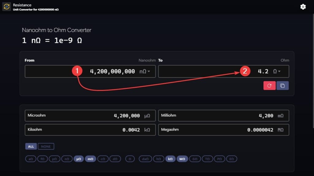 Nanoohms to ohms converter example