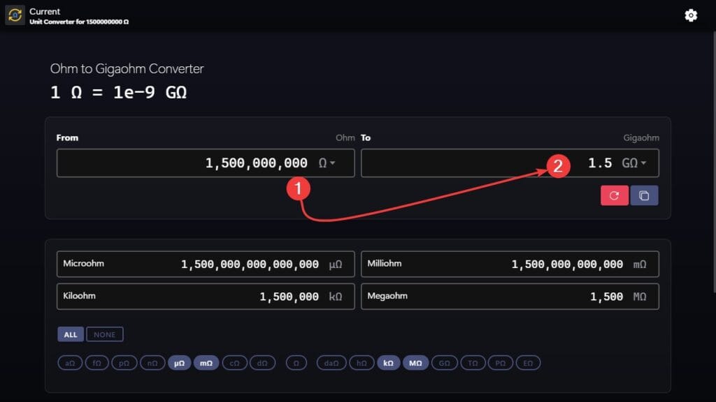 Ohms to Gigaohms Converter Example