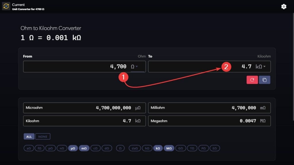 Ohms to Kiloohms Converter Example