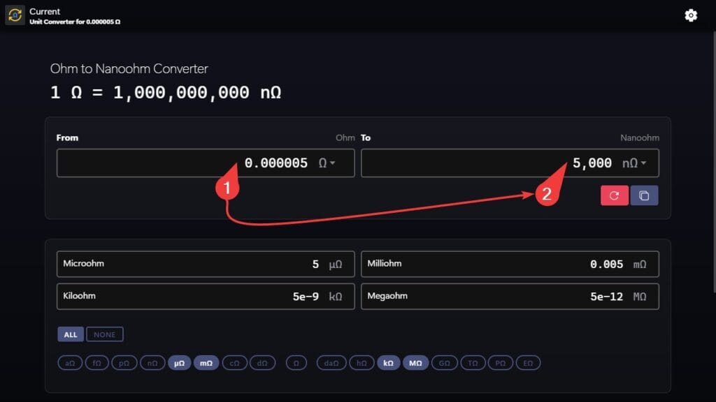 Ohms to Nano-ohms Converter Example
