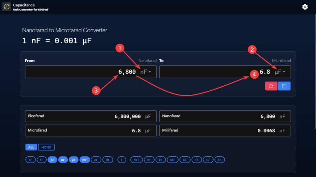 Steps to convert from 6,800 nanofarads (nF) to microfarads (µF)