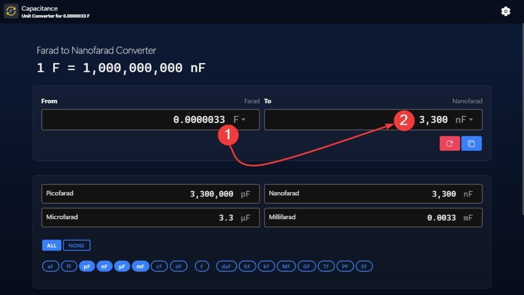 Farads to Nanofarads (F to nF) conversion example