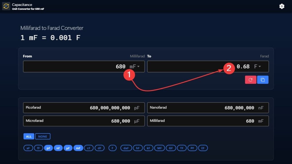Millifarads to Farads (mF to F) conversion example