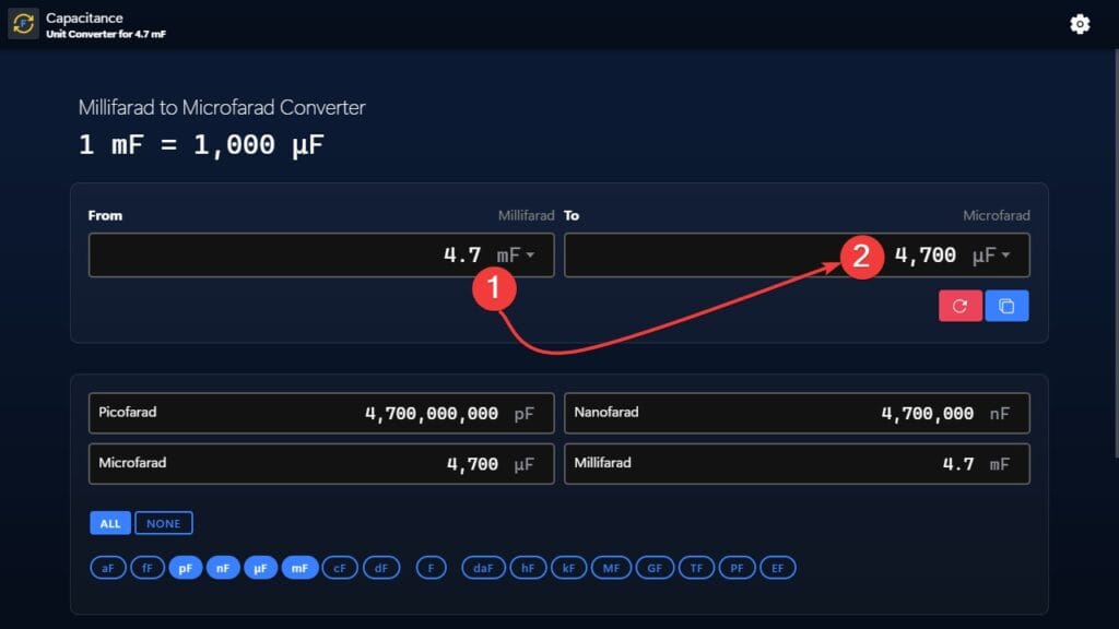 Millifarads to Microfarads (mF to µF) conversion example