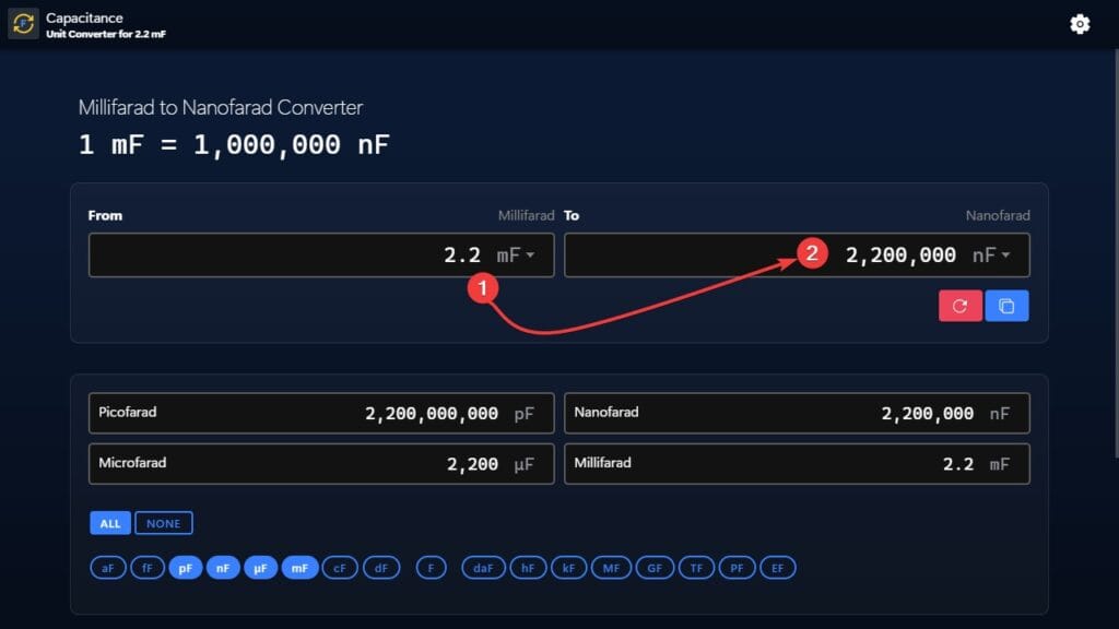 Millifarads to Nanofarads (mF to nF) conversion example