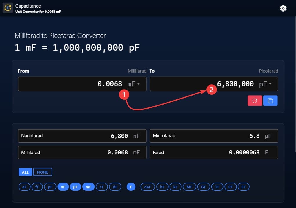 Millifarads to Picofarads (mF to pF) conversion example