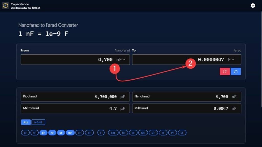 Nanofarads to Farads (nF to F) conversion example