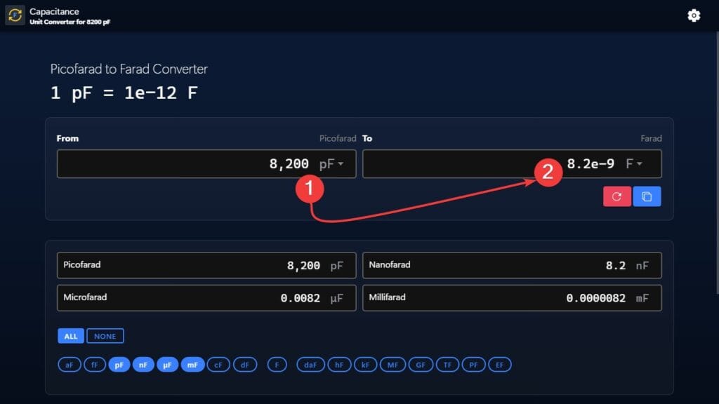 Picofarads to Farads (pF to F) conversion example