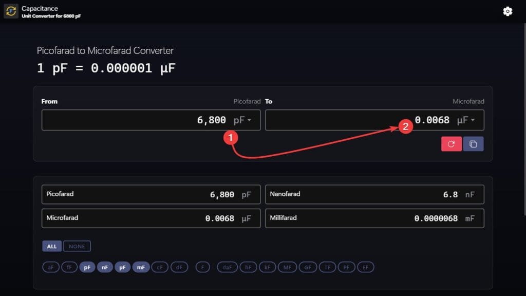 Picofarads to Microfarads (pF to µF) conversion example