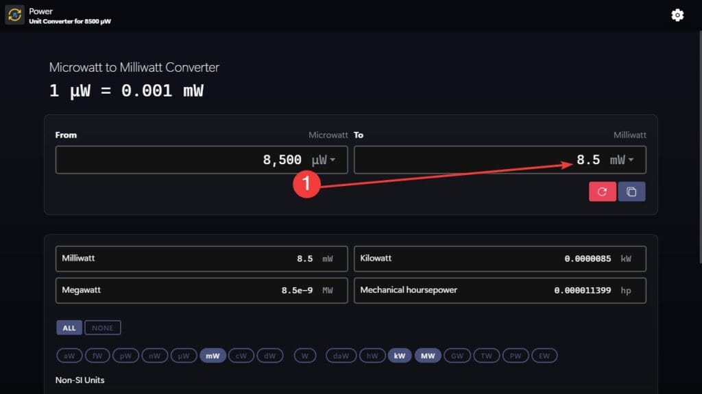 Microwatts to Milliwatts (µW to mW) conversion example
